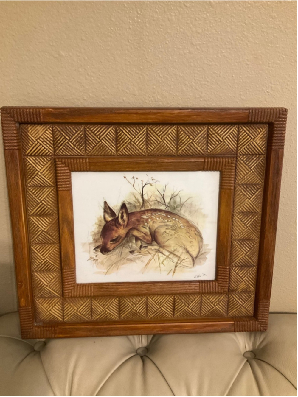 Vintage 1979 Sleeping Fawn Deer Framed Art Rustic Woven Wood Boho Cottagecore